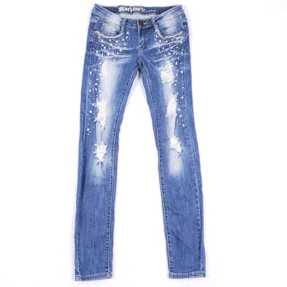 Machine Skinny Jeans Size 5 Distressed Rhinestone Y2K Indie Sleaze Glam Grunge - Picture 1 of 11
